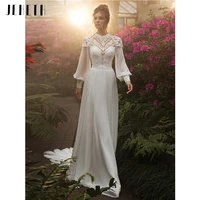 chiffon long puffy sleeves boho wedding dresses 2022 high neck lace appliques bridal gown vintage vestido de noiva