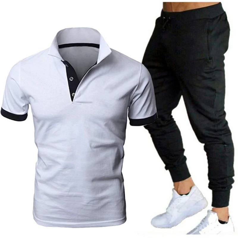 

Summer New Men's Cotton Color Matching Casual Short-Sleeved Polo Shirt Fashion Sports Trousers Suit 2-Piece Suit Men's Outdoor C