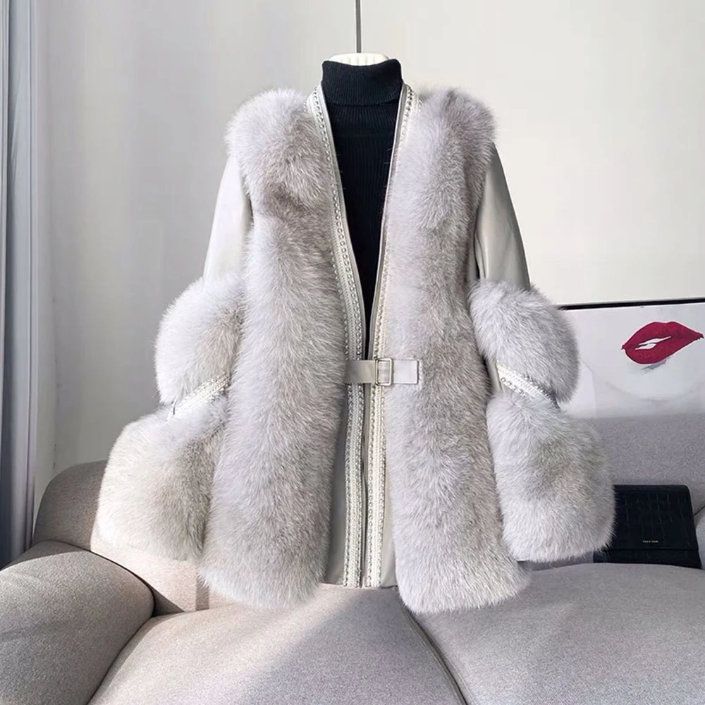 New Cashmere Wool Blends Fur Coat Winter Jacket Women Oversize Loose Fake Fox Fur Collar Outerwear