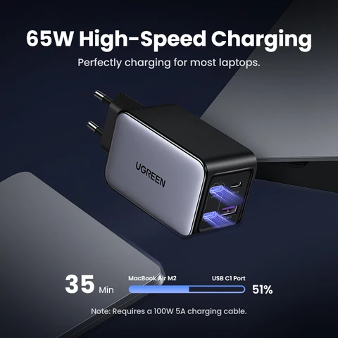 UGREEN 65 Вт GaN Зарядное устройство 4 порта USB C Быстрое зарядное устройство Quick Charge 3.0 PD 3.0 Для Macbook Air Ноутбуки Планшет iPhone 16 15 14 Pro Max