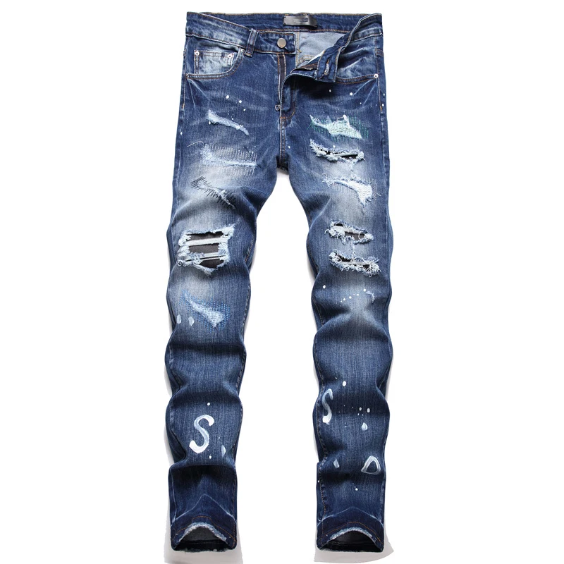 

Men's jeans Destroyed Hole Denim Slim pants men High Quality Comfortable Ripped Advanced Motorcycle Design Biker Trousers Casual