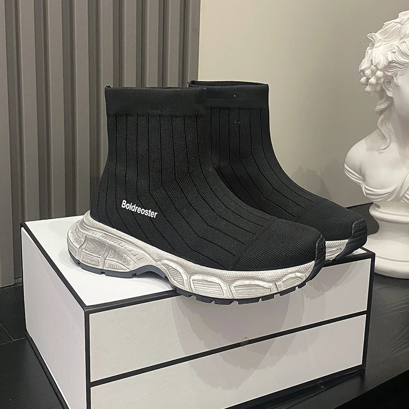 

High Quality Platform Black Couples Sock Sneakers Weave Lightweight Men's Running Shoes High-top Breathable Women Athletic Shoes