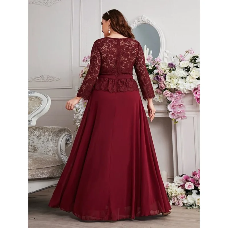 Plus Size V Neck 4XL5XL Lace Wine Red Chiffon Loose Elegant Evening Gown Wedding Plus Size Dresses