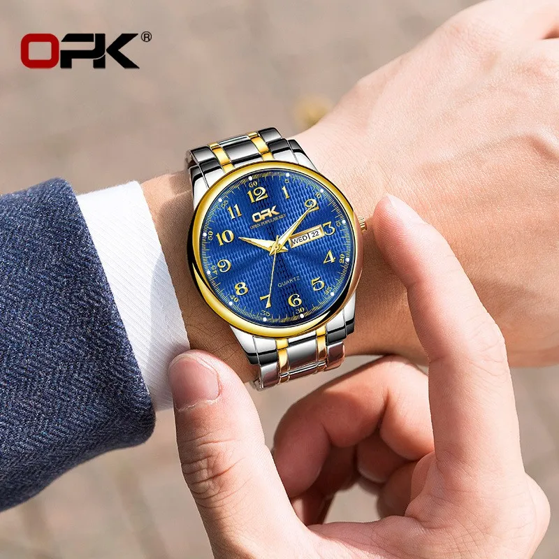 

OPK Brand Watch Light Luxury Watch Double Calendar Business Steel Band Fashion Glow Waterproof Men's Watch