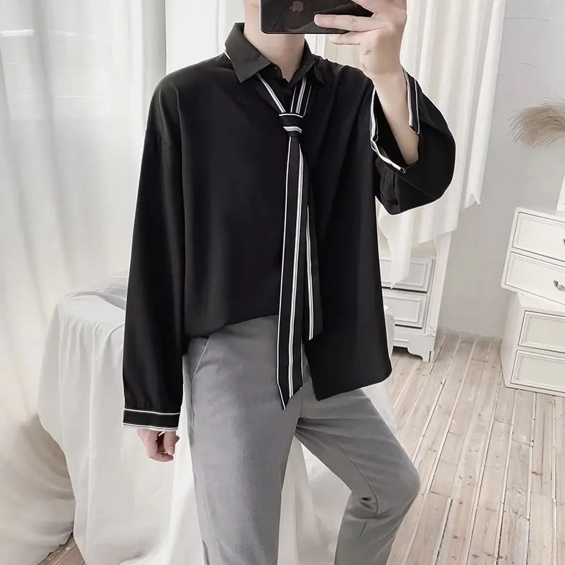 Summer Black White Vintage Korean Fashion Men's Clothing Sweatshirts Men's Harajuku Long Sleeve Button Up Social Shirts Top
