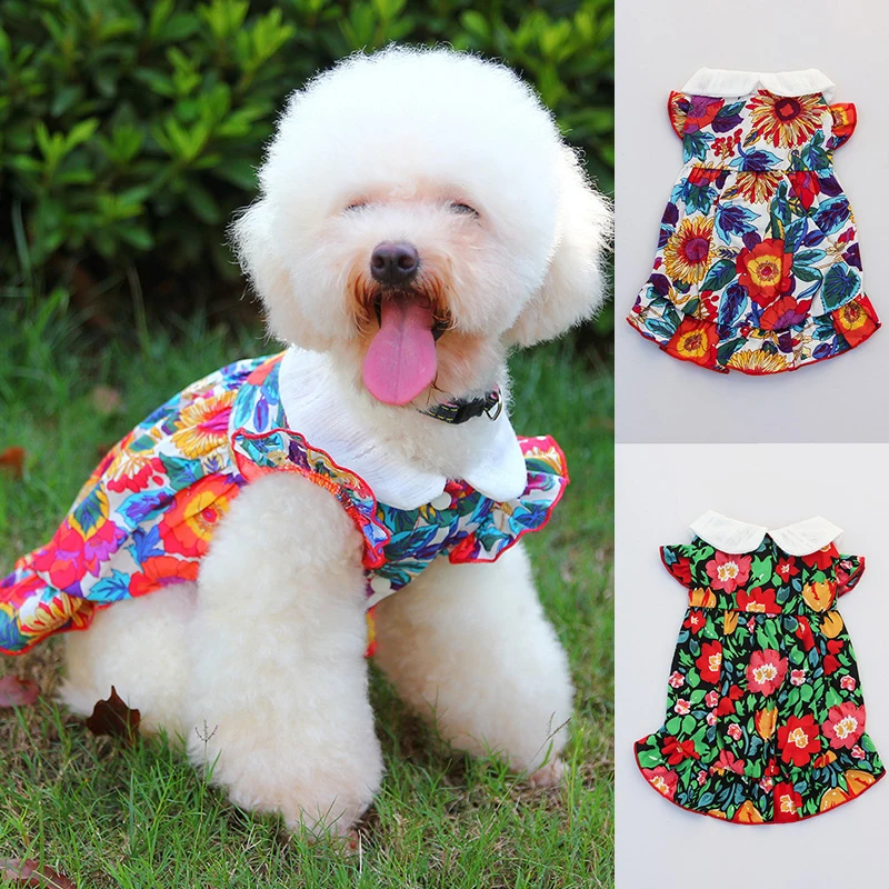 

Spring Summer Cotton Pet Clothes Lovely Red Floral Dog Dress Chihuahua Puppy Suspender Dog Vest Flying Sleeve Dog Skirt