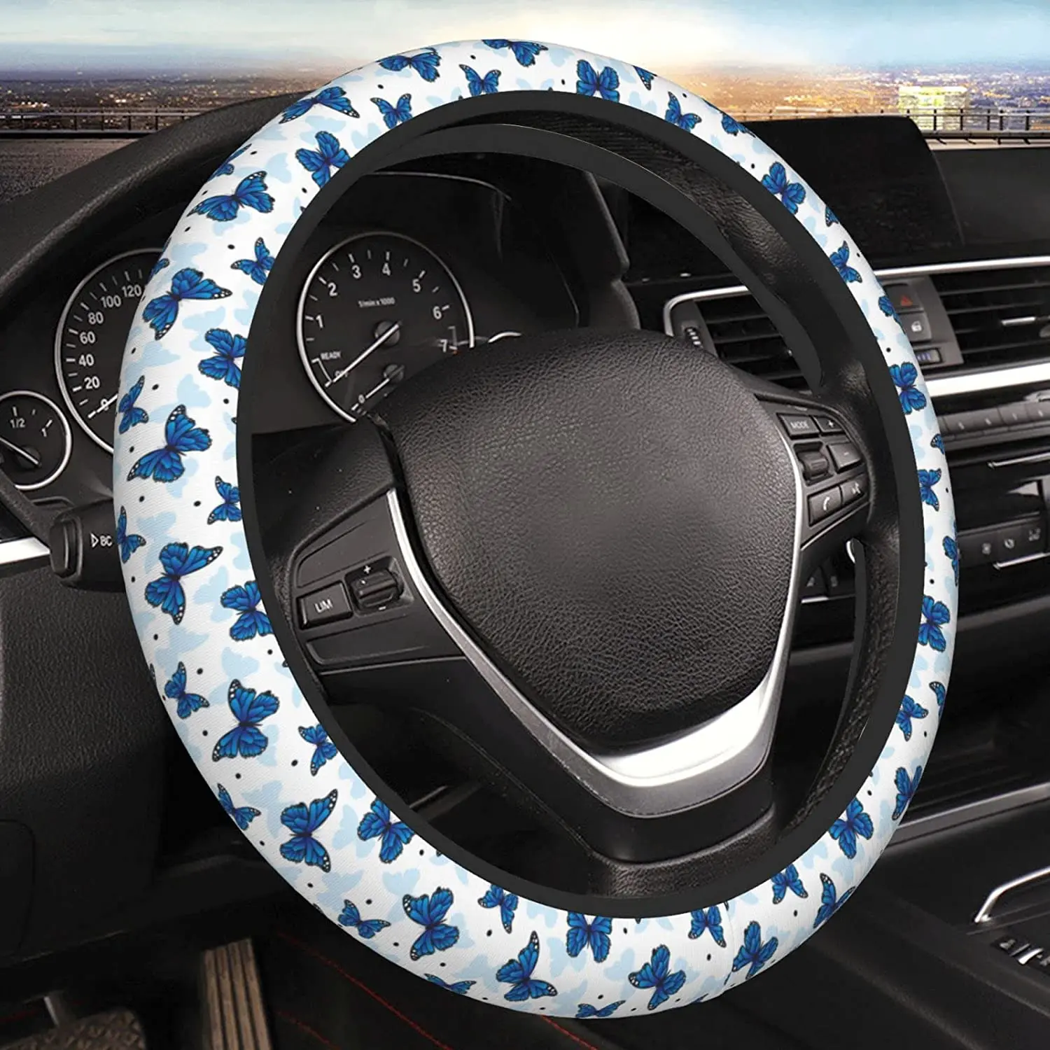 

Чехол для руля с синей бабочкой, неопреновый Универсальный 15-дюймовый автомобильный протектор руля для женщин и мужчин