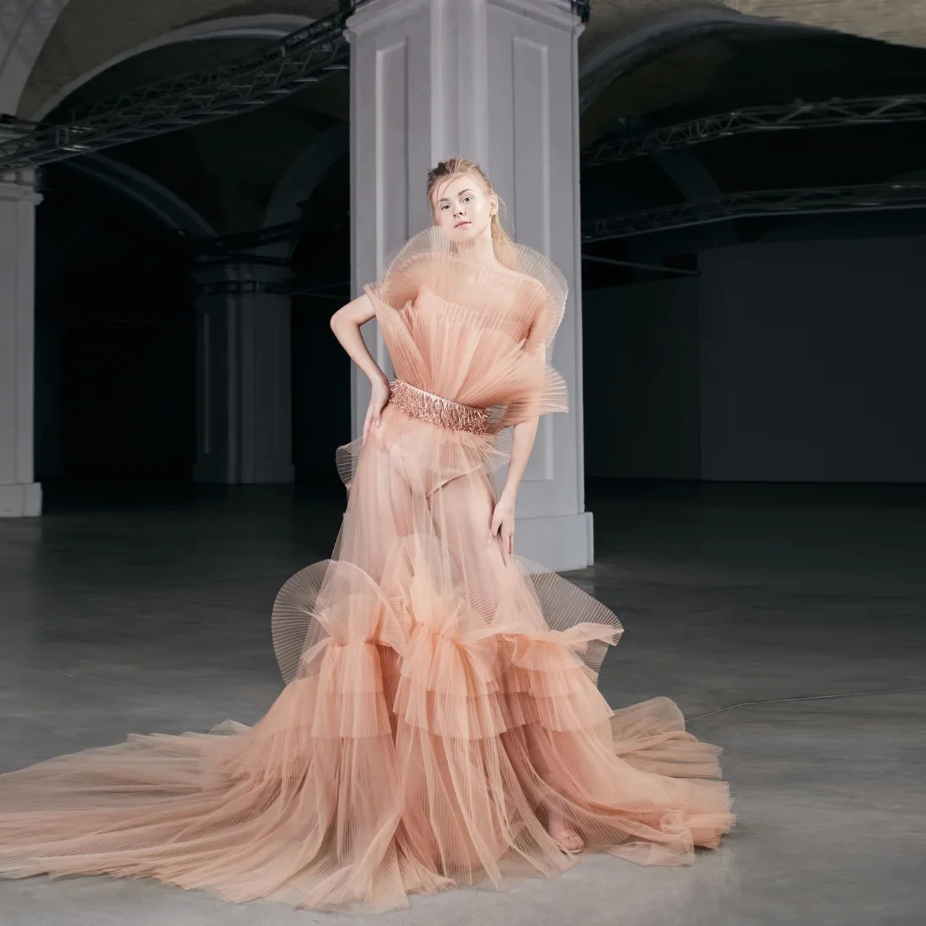 Многослойное женское платье персикового цвета сексуальные прозрачные