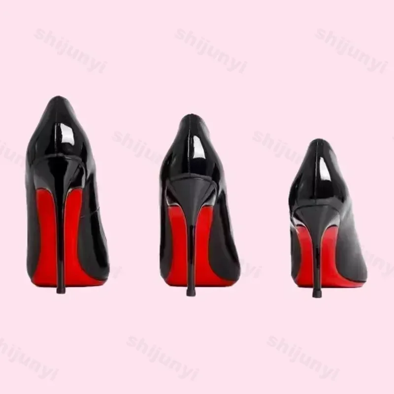 Black Patent Leather Pointed Toe Red Rubber Sole Women's High Heels Party Shoes Sexy Dress Stilettos 2025