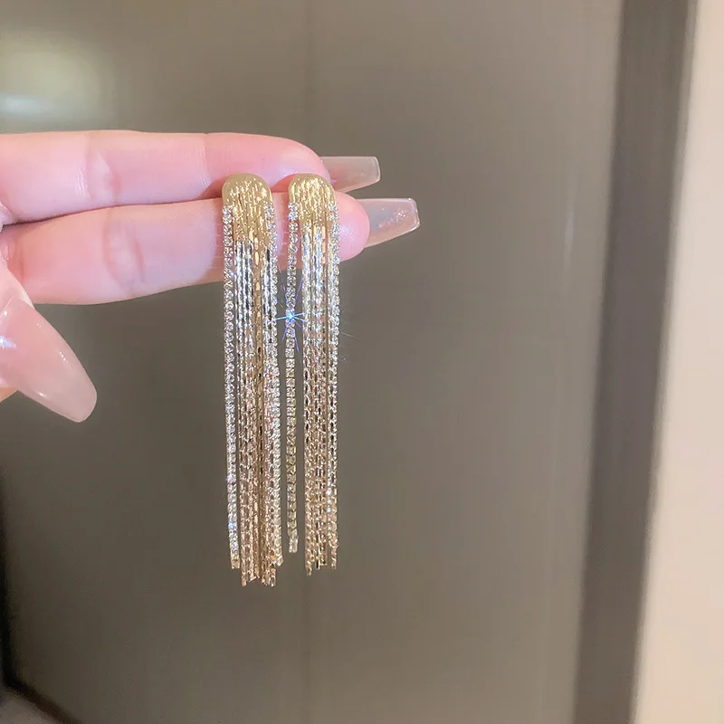 

KAITIN Zircon Tassel Long Earrings for Women Metal Temperament Tassels Drop Earrings Wholesale Female Gold Plated Jewelries