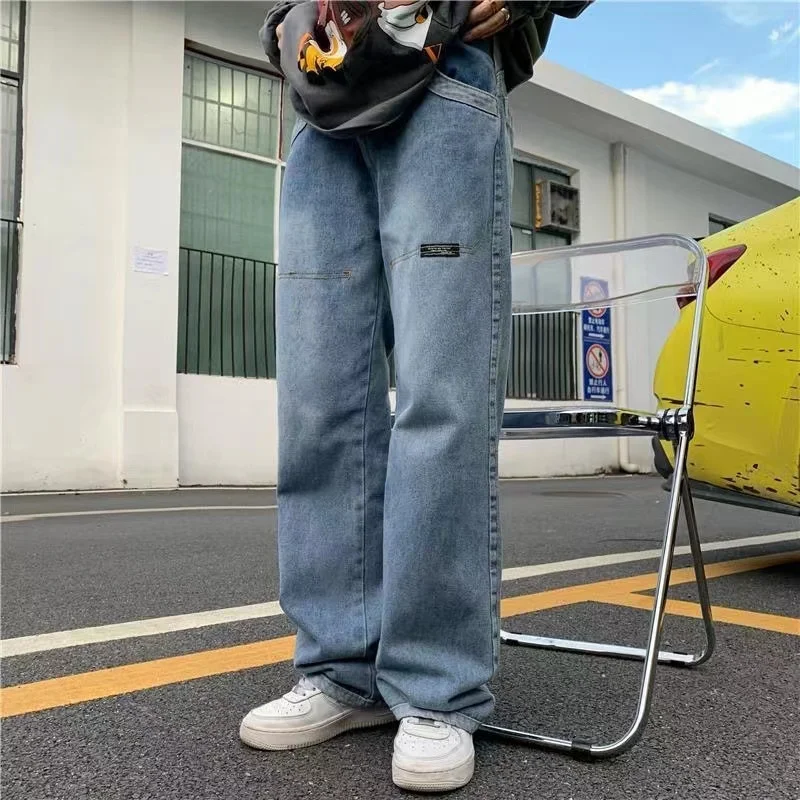 Streetwear Loose Men And Women Cargo Pants Straight Jeans Light Blue Hip Hop Straight Baggy Pants Simple Couple Denim Trousers