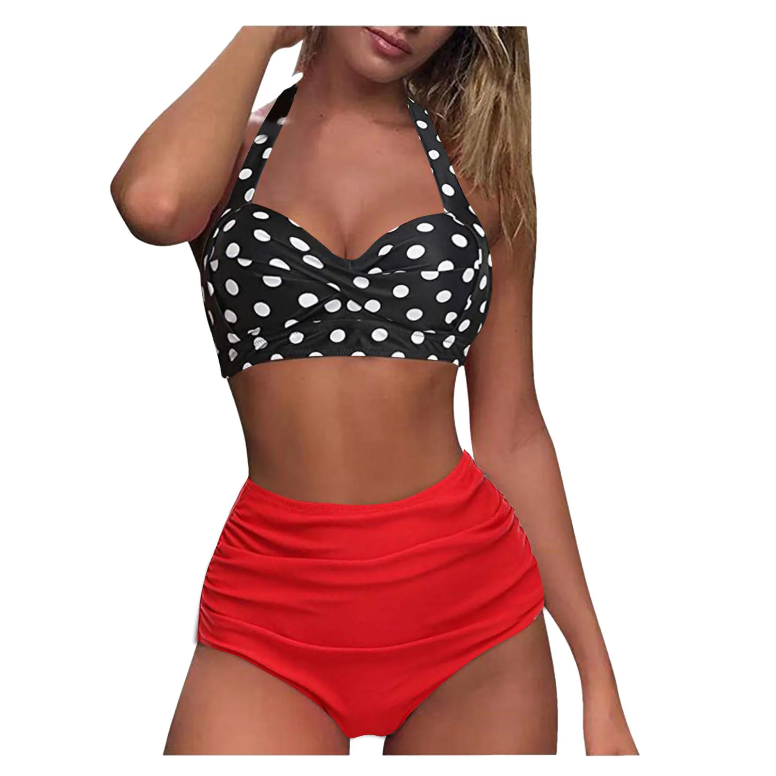

High Piece Print Set Halter Swimsuit Waist Women Vintage Two Bikini Retro Ruched Swimwears Swimwears tankinis sexy swimsuit
