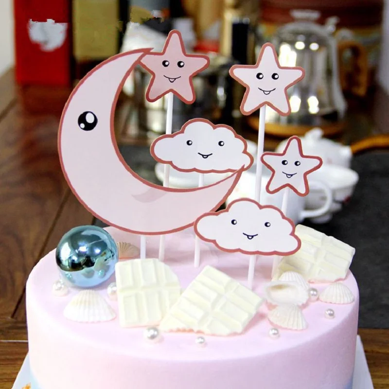 

6pcs/Set New Cake Topper Decorative Moon Stars Clouds Cupcake Toppers For Wedding Birthday Baby Shower Party Decor Cake Insert