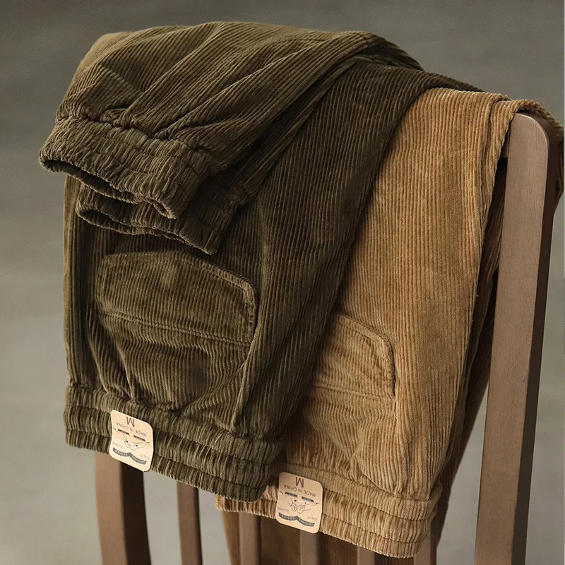 Autumn Winter American Retro Heavyweight Corduroy Cargo Pants Men's Fashion Washed Drawstring Loose Casual Ankle-tied Trousers