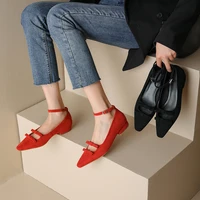 women sandals spring shallow pointed toe elegant low heels red female mary jane shoe flannel buckle ankle strap ladies sandalias