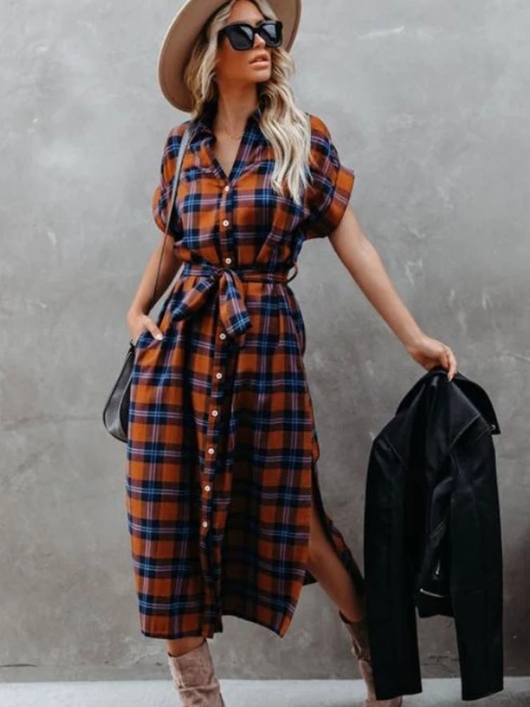 

Женское клетчатое платье-рубашка, Повседневное платье средней длины с отложным воротником, короткими рукавами, карманами и поясом, уличная ...