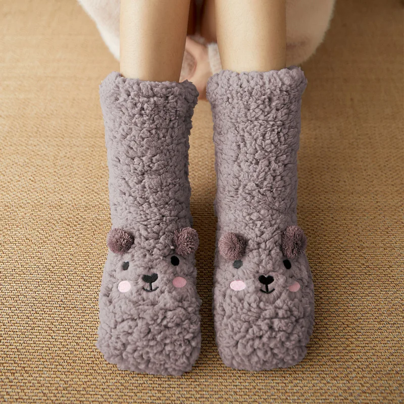 Cute Floor Women Socks Autumn Winter Velvet Coral Fleece Sock Sleep Home Slippers Snow Happy Funny Confinement Bear Carpet Socks