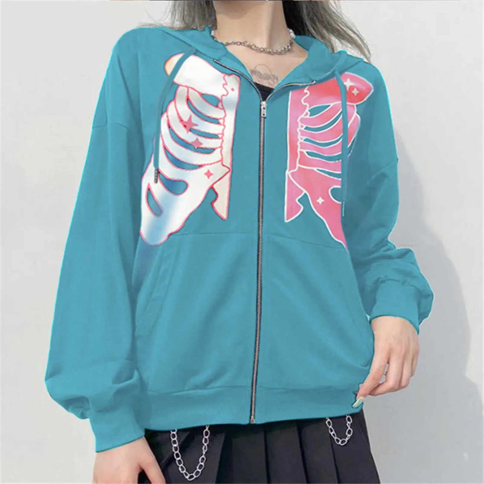 

Pullovers for Women Halloween Long Sleeve Skeleton Print Oversized Zip Up Hoodie Women Pullover Hoodies Sweatshirt Long Dress