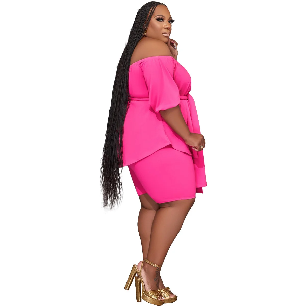 Plus Size Summer Two Pieces Set for Sport Slash Neck Casual Suit Short Sleeves t Shirt with Sash Stretchy 3xl 4xl 5xl 6xl