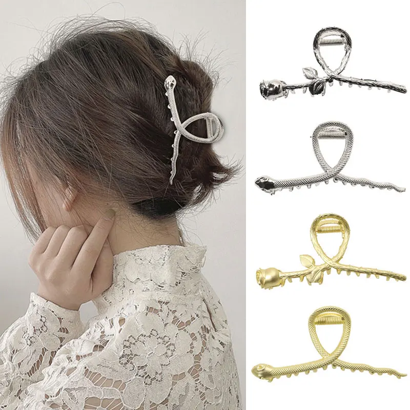 

French Vintage Hair Claw Red Rose Catch Clip Women Summer Cross Elegant Wild Hairpin Metal Shark Clip Hair Accessories Gift