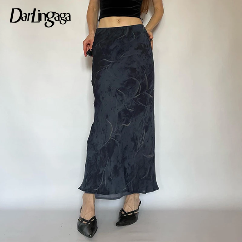 

Darlingaga Vintage Y2K Graphic Printing Mesh Skirt Ruched 2000s Aesthetic Female Skirt Long Grunge Fairycore Outfits Chic Boho