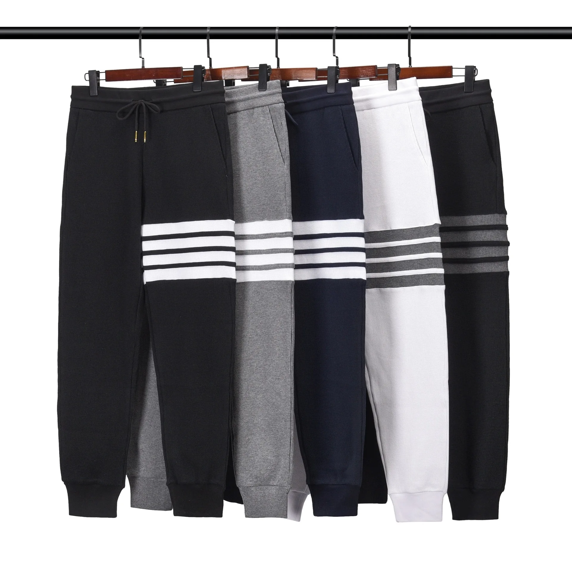 TB Thom Sports Casual Waffle Sweatpants Tide Spring Autumn Couples Men Women Four Striped Cotton Slim-Fit Trousers Black Gray