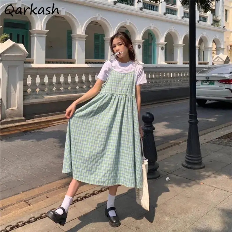 

Женский комплект в стиле Харадзюку, летнее элегантное клетчатое платье на тонких бретелях, свободная белая футболка с круглым вырезом в сти...