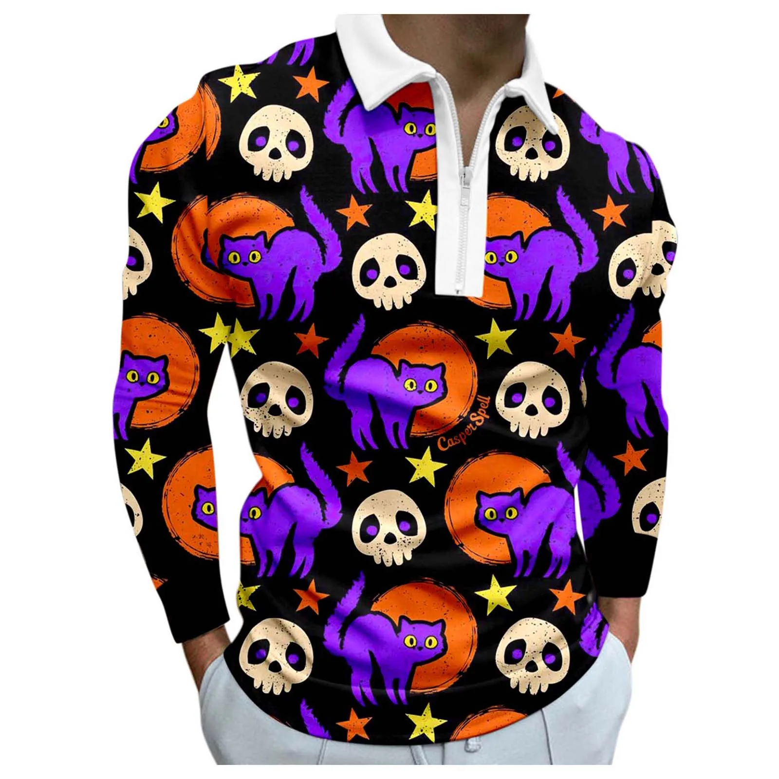 

Male Casual Halloween Print Blouse Zipper Turn Down Collar Blouse Long Sleeve Tops Shirt