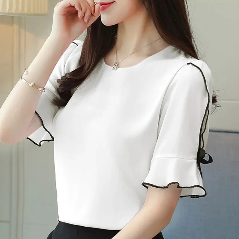 Блузка женская шифоновая с коротким рукавом и круглым вырезом D19