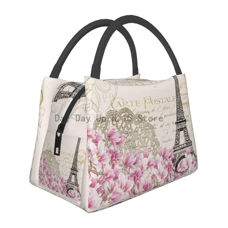 

Love In Paris Eiffel Tower Insulated Lunch Bags Women Romantic French Floral Resuable Cooler Thermal Food Lunch Box Work Travel