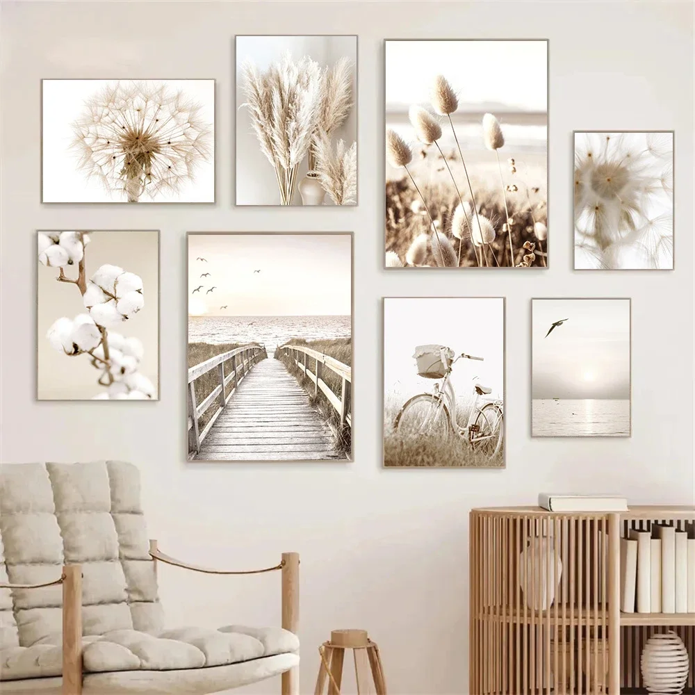 Beige Flower Grass Landscape Canvas Painting Dandelion Reed Wall Art Beach Scenery Posters And Prints Pictures Living Room Decor