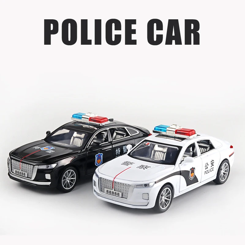 Simulation 1/32 Scale Red Flag Sound And Light Pull Back Toy Vehicle Model Luxury Police Cars Six-door Open Kids Gifts
