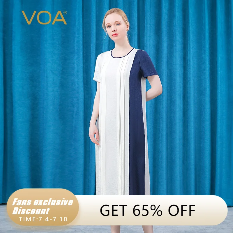 

VOA Silk Jacquard O-Neck Short Sleeve Contrast Stitching Asymmetric Loose European and American Style Simple Summer Dress AE828