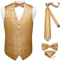 Brand Vest Tie and Bow Tie Set for Men Silk Gold Yellow Suit Vest for Wedding Party Formal Business Waistcoat Male Clothes (4)