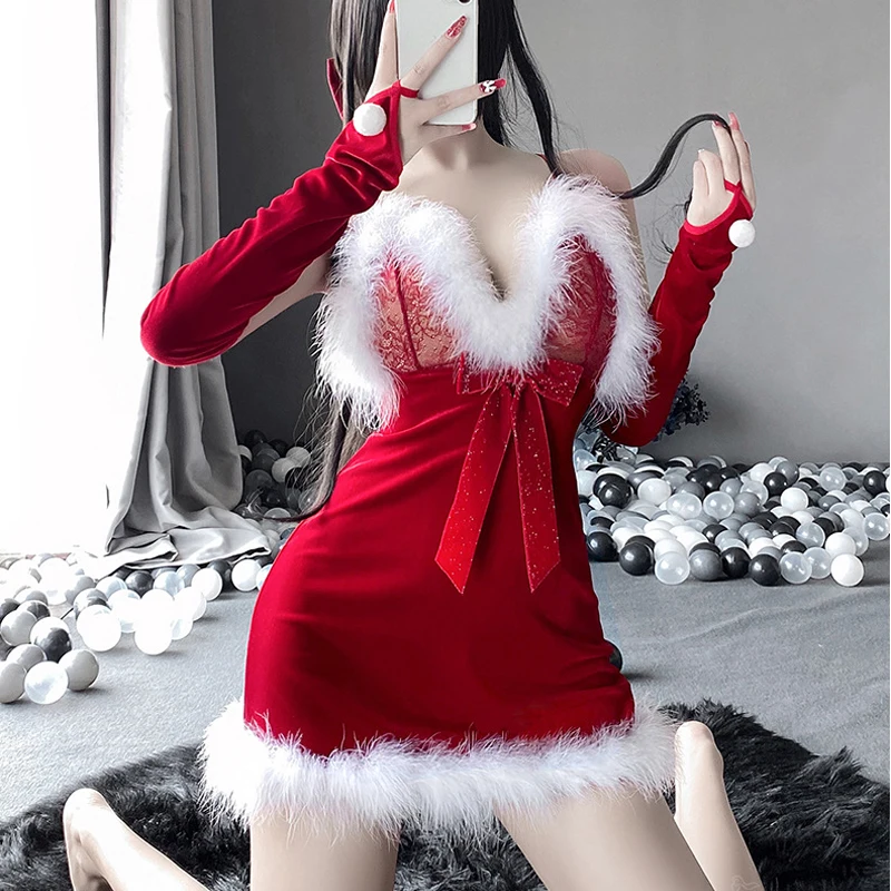 

Lolita Red Deep V Neck Velvet Dress Women Christmas Cosplay Sexy Botknow Lace Backless Dress Sleepwear Xmas Lingerie Set
