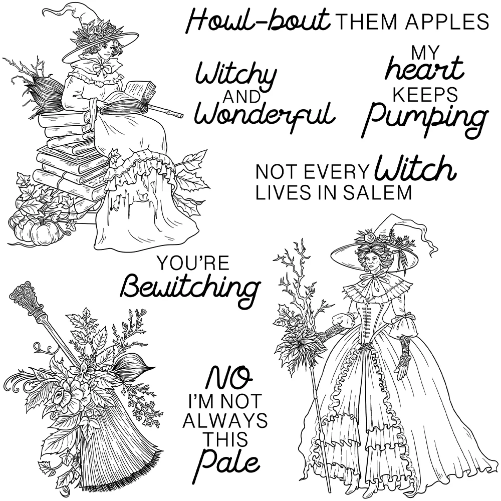 Штамп для Хэллоуина с изображением ведьмы и книг