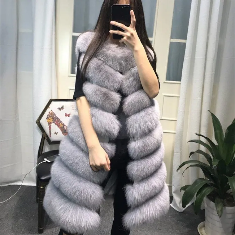 Womens Winter Fashion 2022 Natural Fox Fur Vest Real Fur Gilet 90CM Womens Real Fox Fur Vest Long Coat