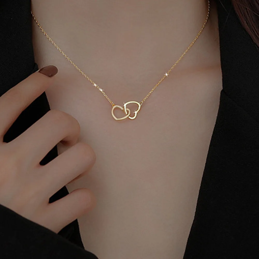 Новые Изысканные золотистые ожерелья с двойным сердцем Женская Геометрическая
