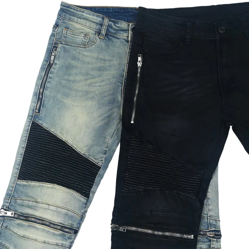 2022 Fashion Mens Jeans Personality Pleated Patchwork Streetwear Men's Denim Pants Full Length Slim Jeans Hombre