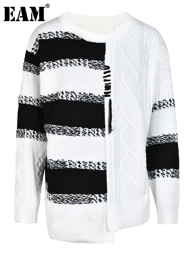 

[EAM] White Striped Big Size Knitting Sweater Round Neck Long Sleeve Women Pullovers New Fashion Tide Spring Autumn 2023 CP18510
