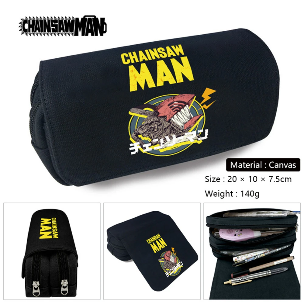 

Anime Chainsaw Man Canvas Pencil Case Travel Cosmetic Bag Boys Girls Stationery Student Bilayer Zipper Penbag Cartoon Makeupbag