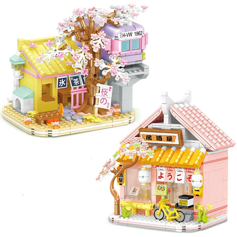 

City Street Izakaya /Train Station Sakura Drink Shop Block DIY Micro Japanese House Diamond Brick Building Toy for Kids