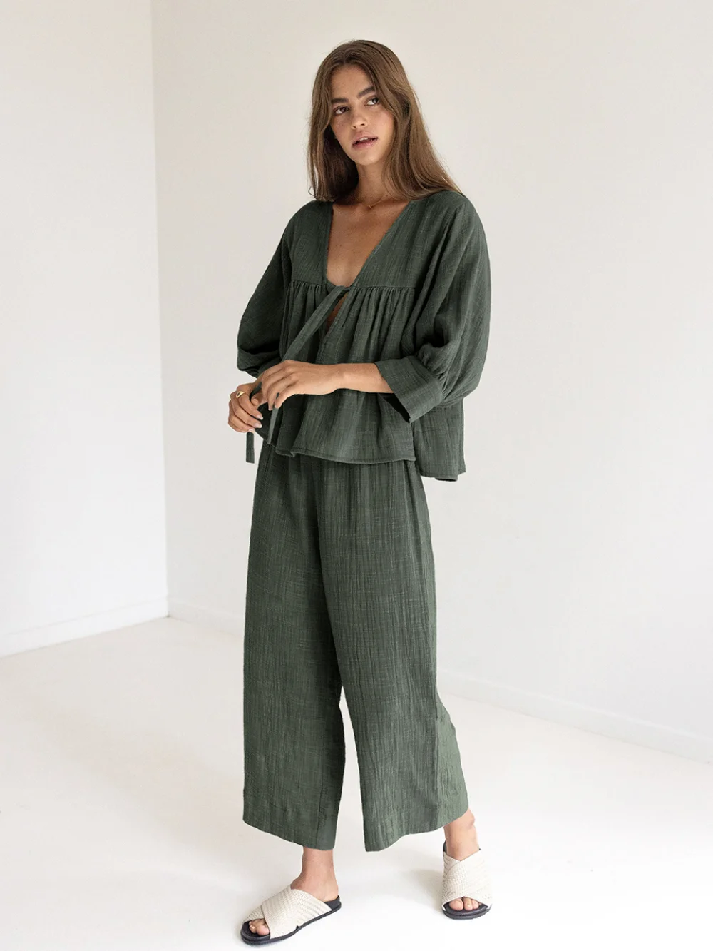 Pijamas Cotton 2 Piece Sets Women's Nightwear Three Quarter Sleeve V Neck Lace Up Pajamas Loose Trouser Suits Female Sleepwear