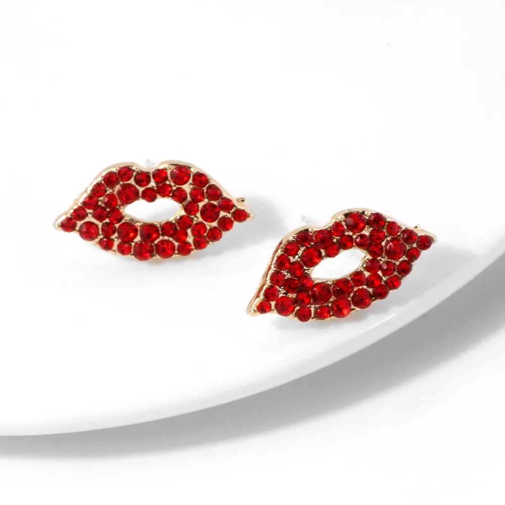 

2022 New Trendy Crystal Red Lips Studs Earring for Women Korean Fashion Rhinestone Red Mouth Earrings Couple Jewelry Accessories