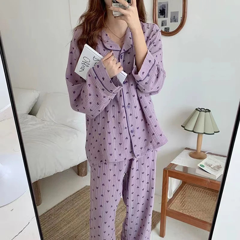 CAIYIER Peach Heart Woemn Korean Sleepwear Winter Cotton Sweet Girls Nightwear Long Sleeve Elastic Waist Homewear Pyjamas Mujer