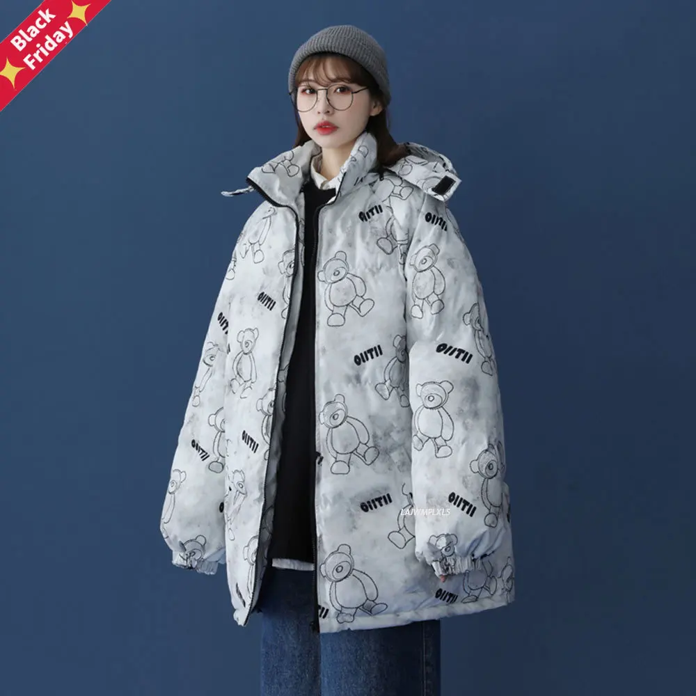 

2023 Winter Women Warm Thicken Outwear Loose Parka Coat Fashion Cartoons Printed long style Windbreaker Jacket Zip Coats Jackets
