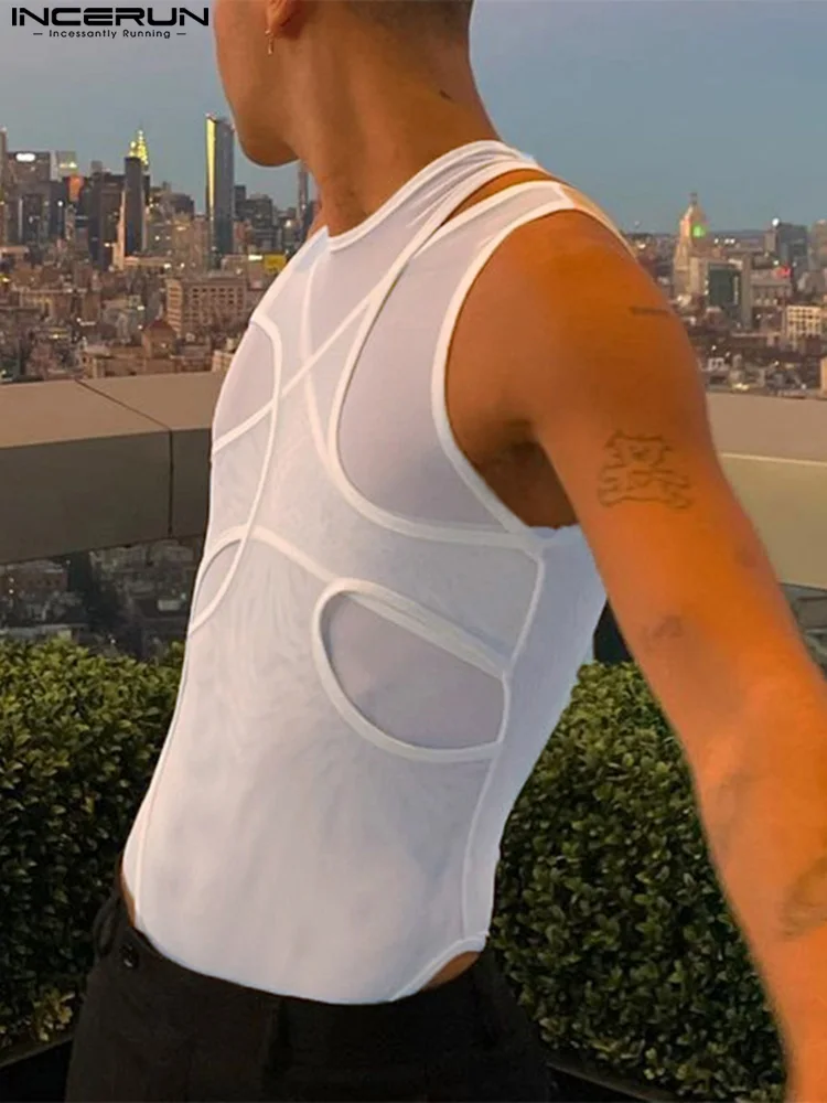 

Men Irregular Bodysuits Mesh See Through O-neck Sleeveless 2022 Solid Bodysuit Hollow Out Sexy Men Rompers Pajamas S-5XL INCERUN