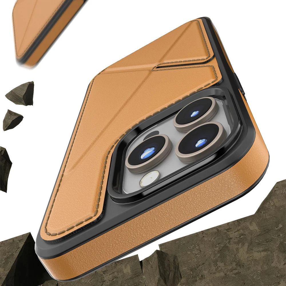 Фото Кожаный чехол для телефона с магнитной подставкой и слотом для карт для iPhone 16, 17, 12, 13, 14, 15 Pro Max, роскошный гибридный силиконовый защитный чехол №5