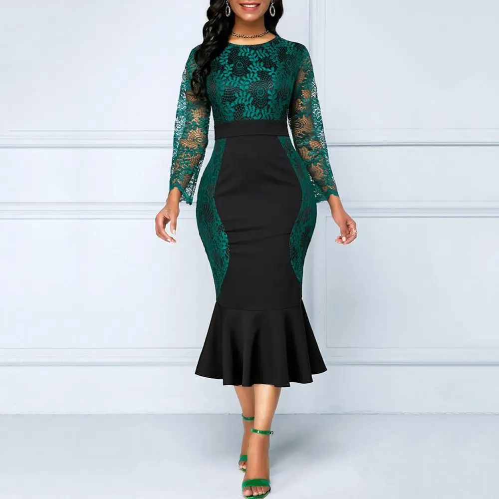 

Вечерние платья, кружевное лоскутное женское платье-миди с длинным рукавом