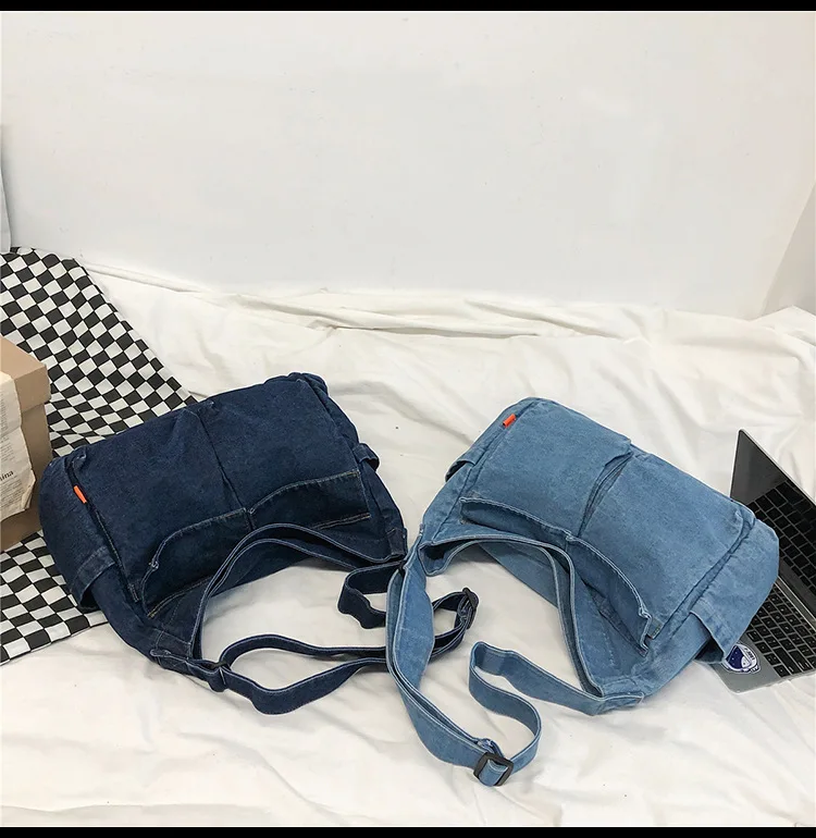 Casual Couple Denim Jeans Shoulder Bag Ins Fashion Jean Bag Large Denim Crossbody Bag Men And Womens Blue Backpack